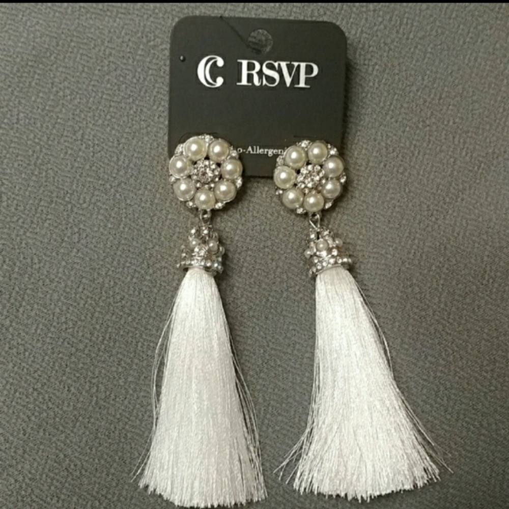 RSVP White Pearl Rhinestone Tassel Fringe Earrings NWT